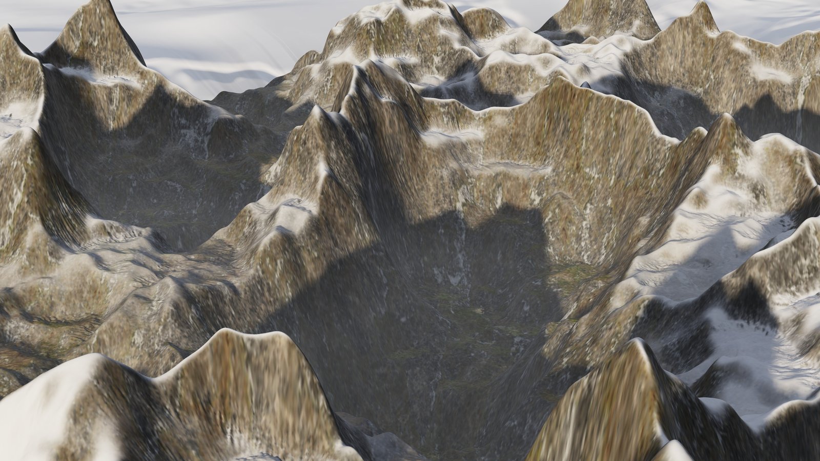 A snow-streaked alpine range with eroded ridges and drainage valleys, rendered in TerraForge